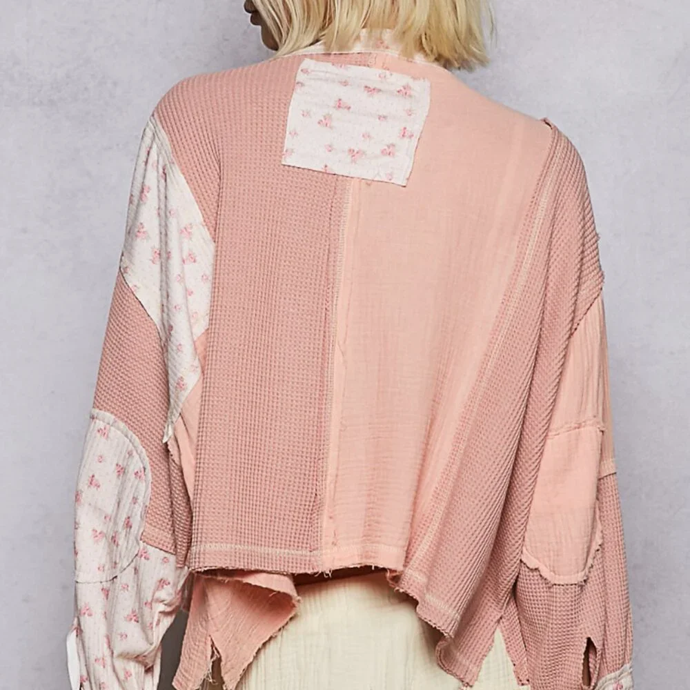 P30 NEW POL!  Pink Round Neck Peace Patch Floral Oversized Fit Knit Top - Picture 4 of 4